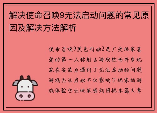 解决使命召唤9无法启动问题的常见原因及解决方法解析